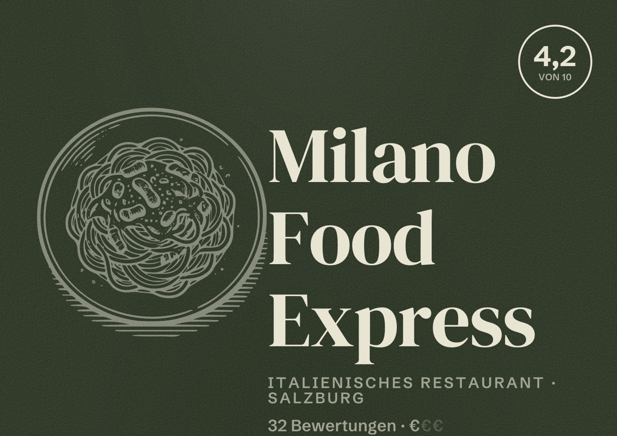 Illustriertes Poster von Milano Food Express, Italienisches Restaurant in Salzburg: Bewertung 4,2 von 10 aus 32 Bewertungen, Preisniveau €