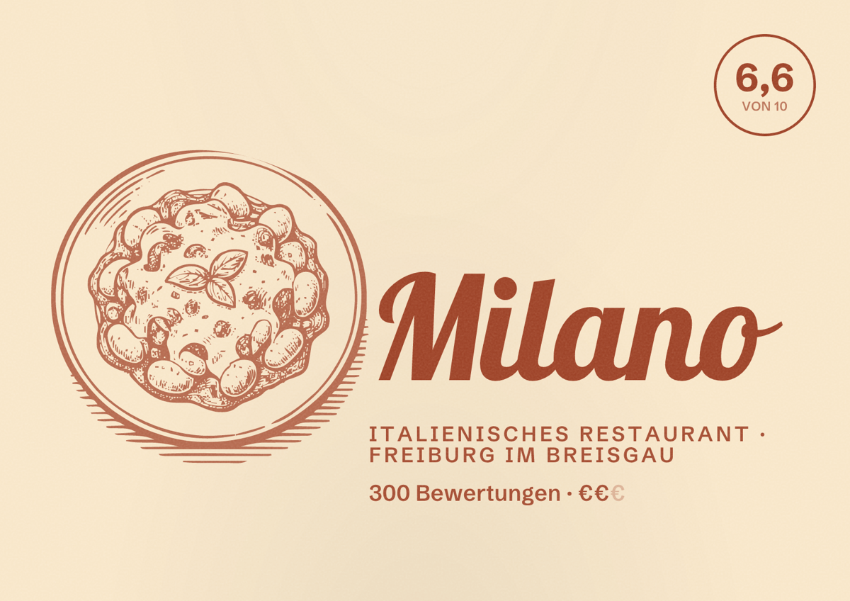 Illustriertes Poster von Milano, Italienisches Restaurant in Freiburg im Breisgau: Bewertung 6,6 von 10 aus 300 Bewertungen, Preisniveau €€