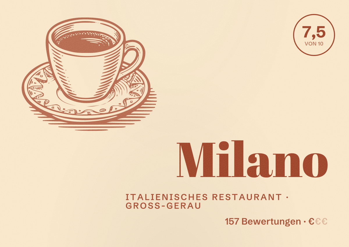 Illustriertes Poster von Milano, Italienisches Restaurant in Groß-Gerau: Bewertung 7,5 von 10 aus 157 Bewertungen, Preisniveau €