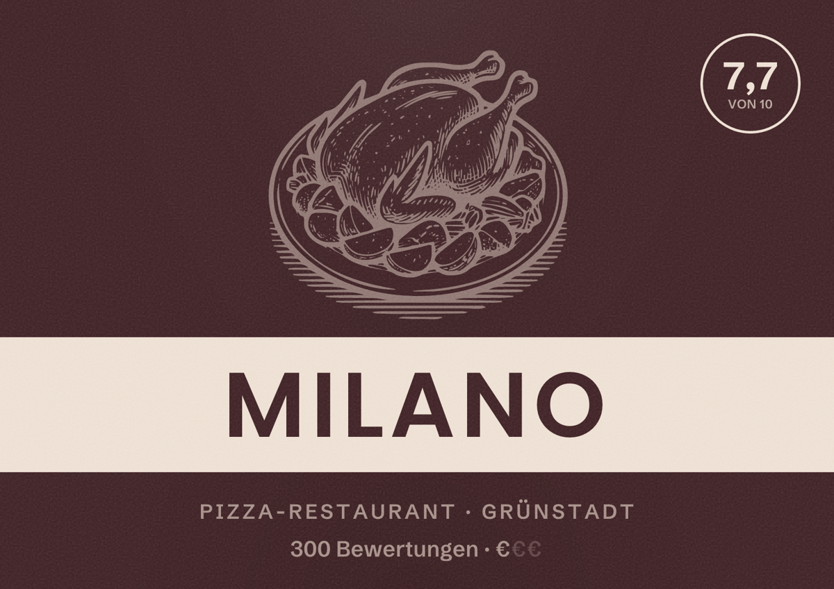 Illustriertes Poster von Milano, Pizza-Restaurant in Grünstadt: Bewertung 7,7 von 10 aus 300 Bewertungen, Preisniveau €