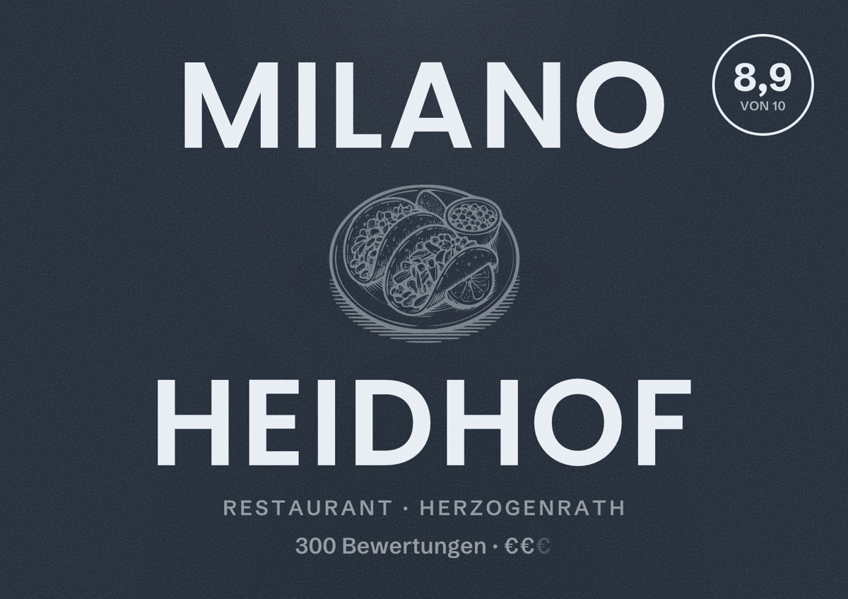 Illustriertes Poster von Milano Heidhof, Restaurant in Herzogenrath: Bewertung 8,9 von 10 aus 300 Bewertungen, Preisniveau €€