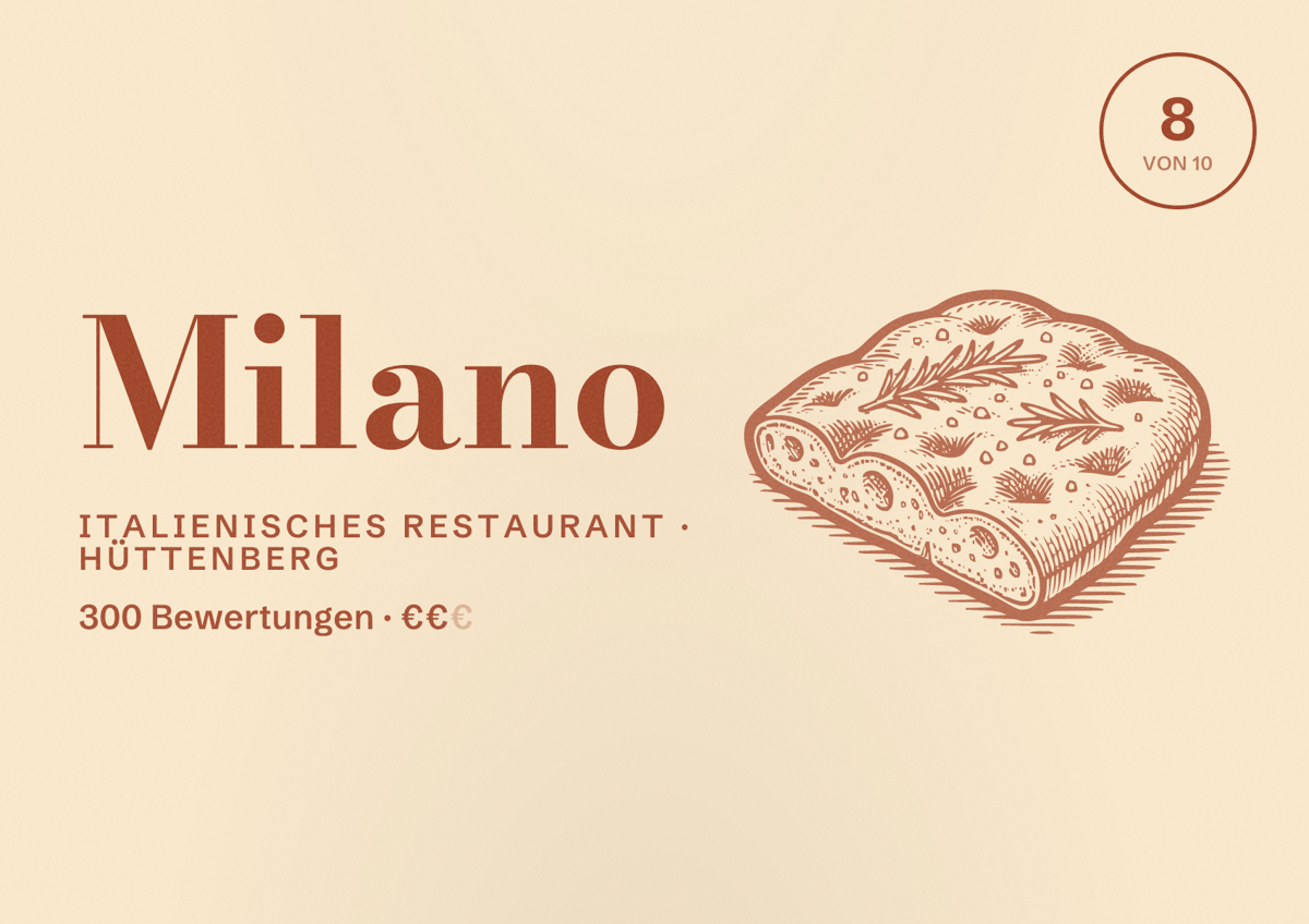 Illustriertes Poster von Milano, Italienisches Restaurant in Hüttenberg: Bewertung 8 von 10 aus 300 Bewertungen, Preisniveau €€