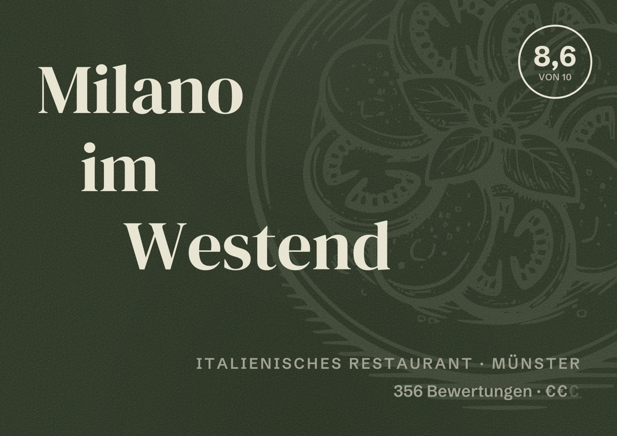 Illustriertes Poster von Milano im Westend, Italienisches Restaurant in Münster: Bewertung 8,6 von 10 aus 356 Bewertungen, Preisniveau €€