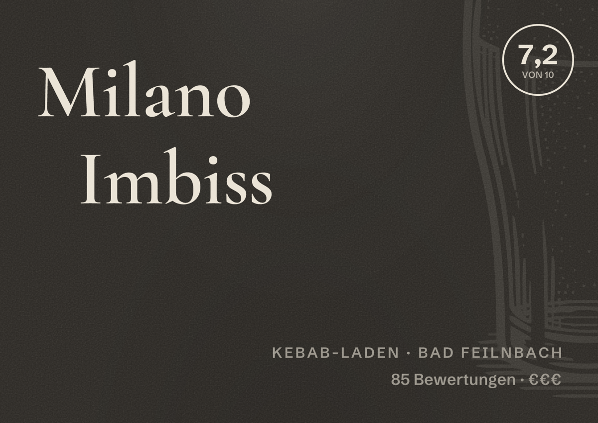 Illustriertes Poster von Milano Imbiss, Kebab-Laden in Bad Feilnbach: Bewertung 7,2 von 10 aus 85 Bewertungen, Preisniveau €€€