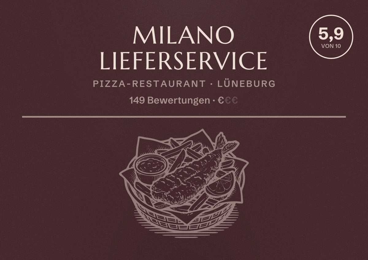 Illustriertes Poster von Milano Lieferservice, Pizza-Restaurant in Lüneburg: Bewertung 5,9 von 10 aus 149 Bewertungen, Preisniveau €