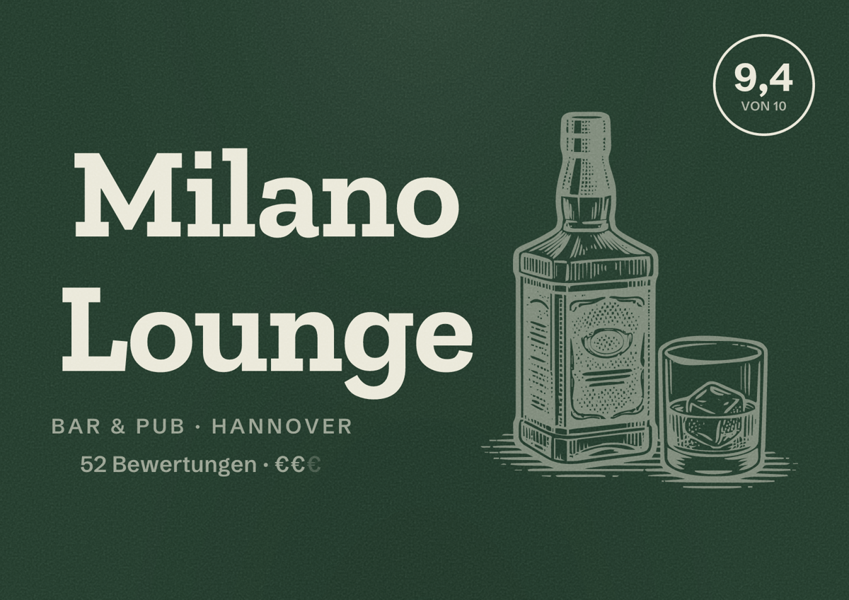 Illustriertes Poster von Milano Lounge, Bar & Pub in Hannover: Bewertung 9,4 von 10 aus 52 Bewertungen, Preisniveau €€