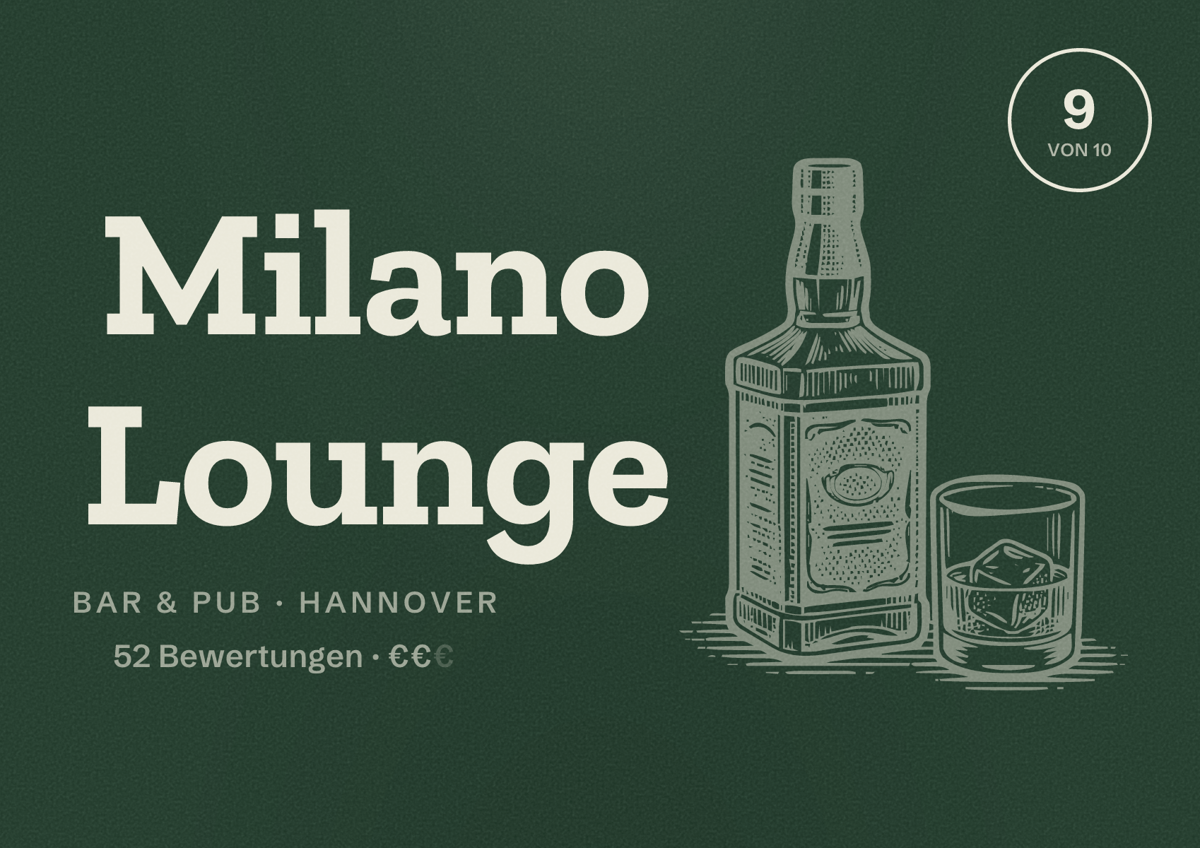 Illustriertes Poster von Milano Lounge, Bar & Pub in Hannover: Bewertung 9,0 von 10 aus 52 Bewertungen, Preisniveau €€