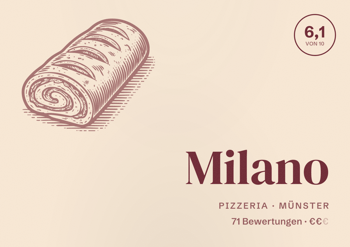 Illustriertes Poster von Milano, Pizzeria in Münster: Bewertung 6,1 von 10 aus 71 Bewertungen, Preisniveau €€
