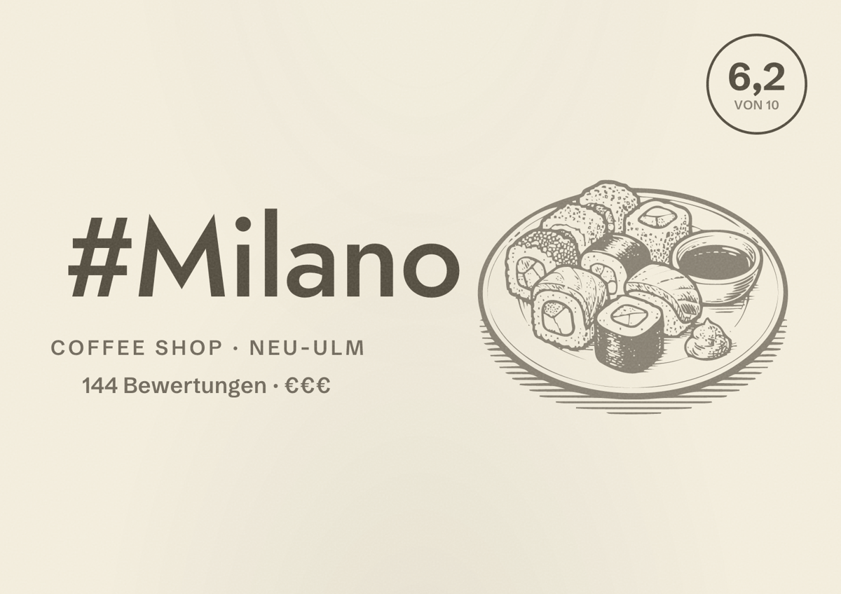 Illustriertes Poster von #Milano, Coffee Shop in Neu-Ulm: Bewertung 6,2 von 10 aus 144 Bewertungen, Preisniveau €€€