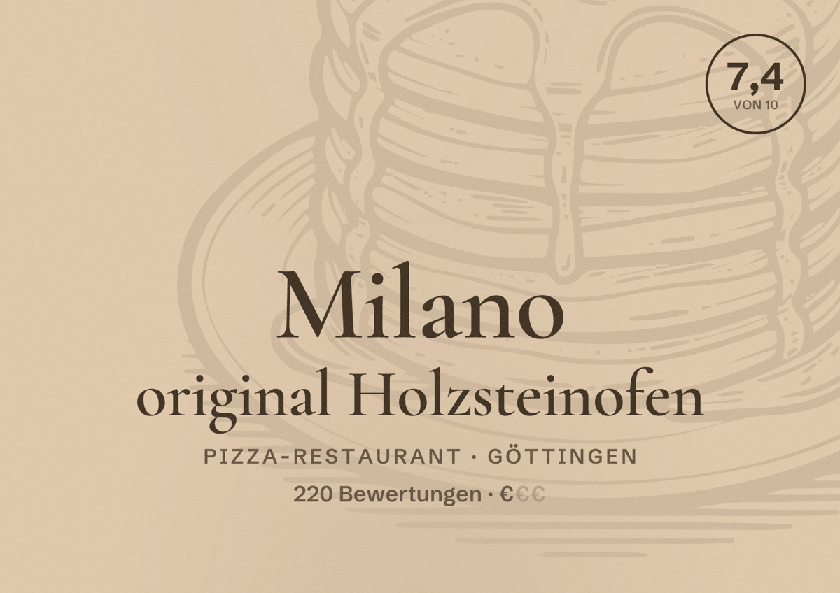 Illustriertes Poster von Milano original Holzsteinofen, Pizza-Restaurant in Göttingen: Bewertung 7,4 von 10 aus 220 Bewertungen, Preisniveau €