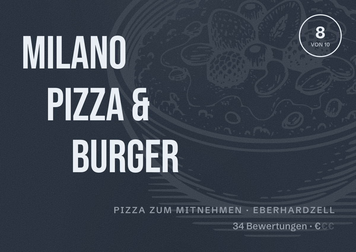 Illustriertes Poster von Milano Pizza & Burger, Pizza zum Mitnehmen in Eberhardzell: Bewertung 8 von 10 aus 34 Bewertungen, Preisniveau €
