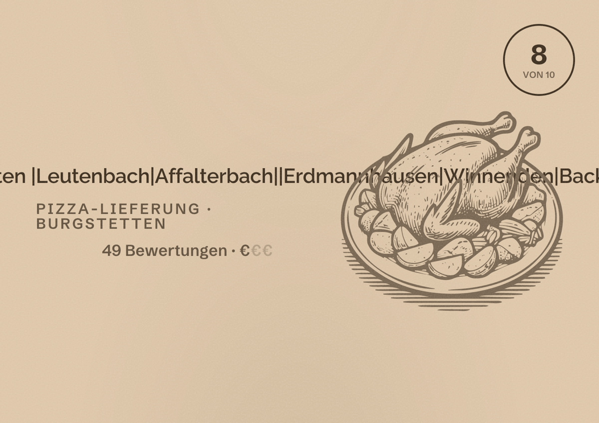 Illustriertes Poster von Milano Pizza Burger Burgstetten |Leutenbach|Affalterbach||Erdmannhausen|Winnenden|Backnang, Pizza-Lieferung in Burgstetten: Bewertung 8 von 10 aus 49 Bewertungen, Preisniveau €