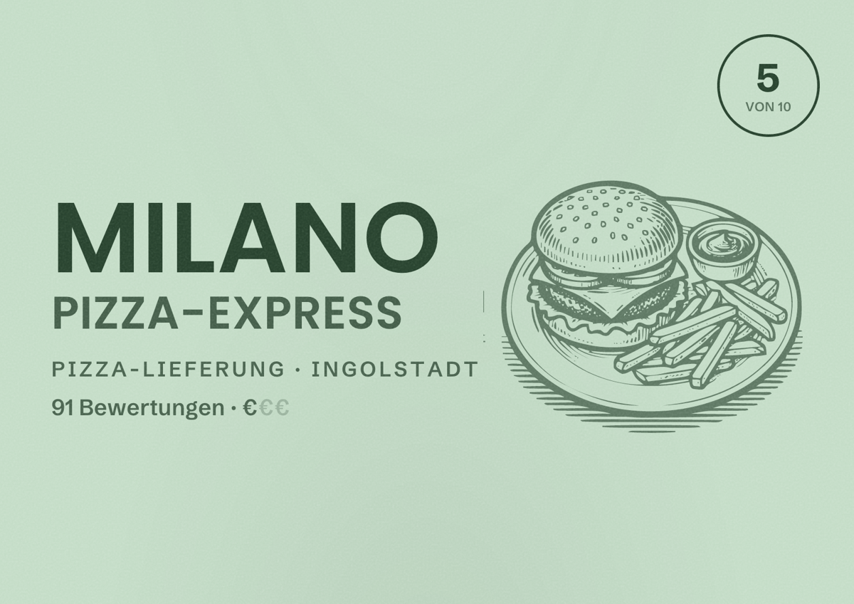 Illustriertes Poster von Milano Pizza-Express, Pizza-Lieferung in Ingolstadt: Bewertung 5 von 10 aus 91 Bewertungen, Preisniveau €