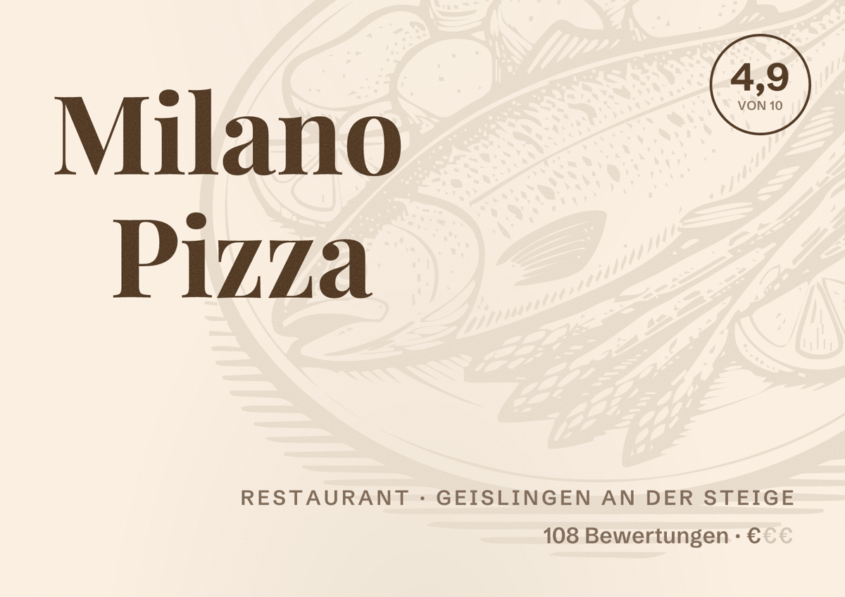 Illustriertes Poster von Milano Pizza, Restaurant in Geislingen an der Steige: Bewertung 4,9 von 10 aus 108 Bewertungen, Preisniveau €