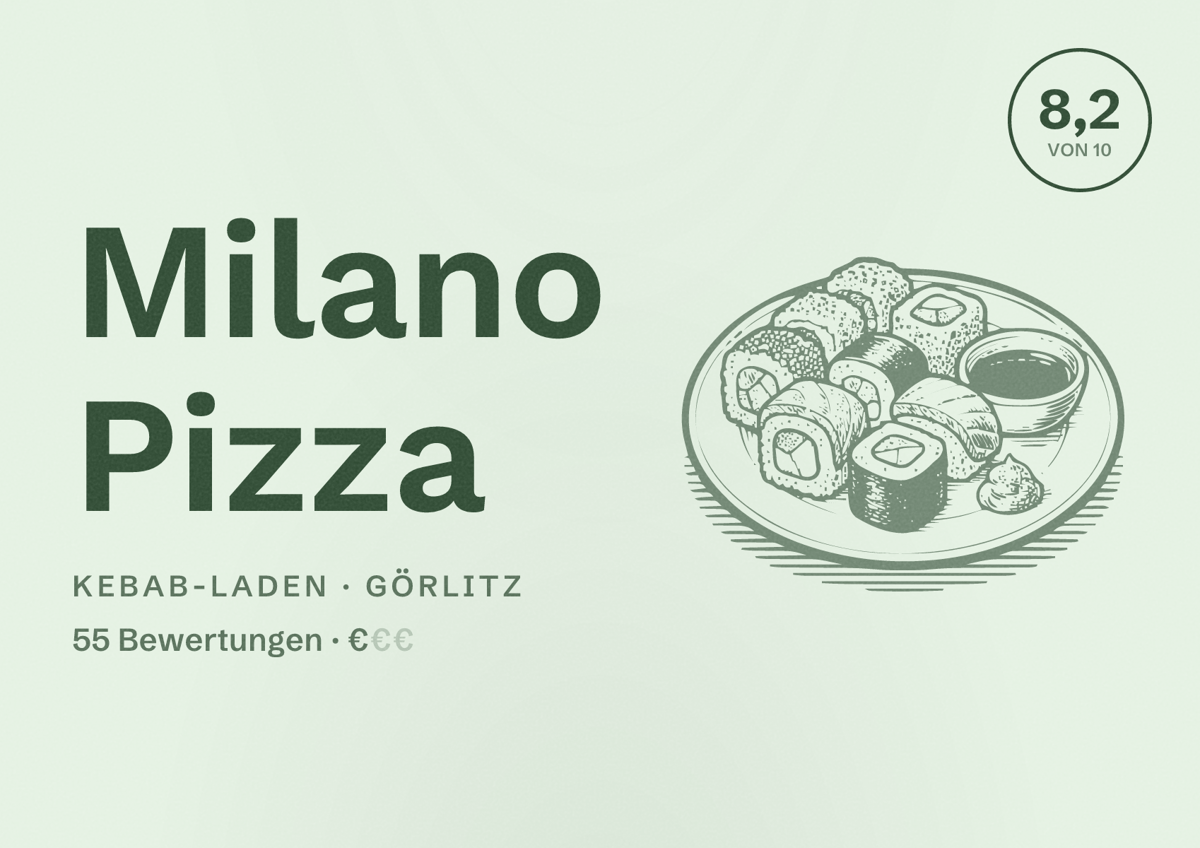 Illustriertes Poster von Milano Pizza, Kebab-Laden in Görlitz: Bewertung 8,2 von 10 aus 55 Bewertungen, Preisniveau €