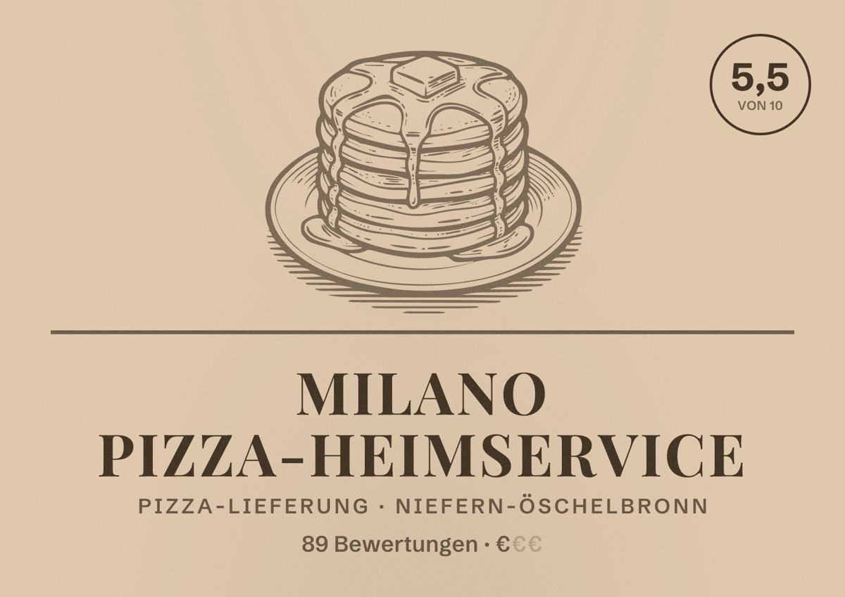 Illustriertes Poster von Milano Pizza-Heimservice, Pizza-Lieferung in Niefern-Öschelbronn: Bewertung 5,5 von 10 aus 89 Bewertungen, Preisniveau €