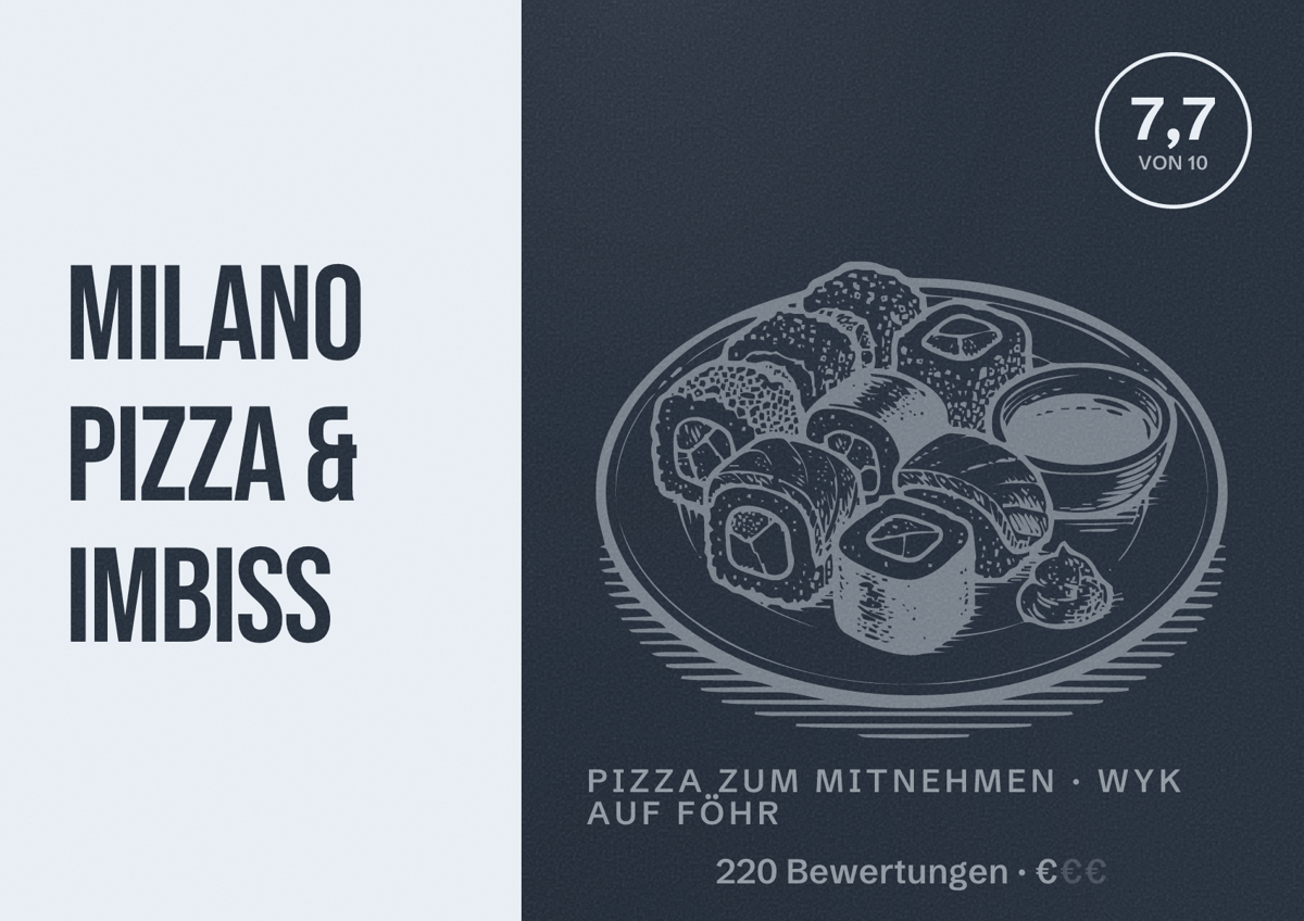 Illustriertes Poster von Milano Pizza & Imbiss, Pizza zum Mitnehmen in Wyk auf Föhr: Bewertung 7,7 von 10 aus 220 Bewertungen, Preisniveau €