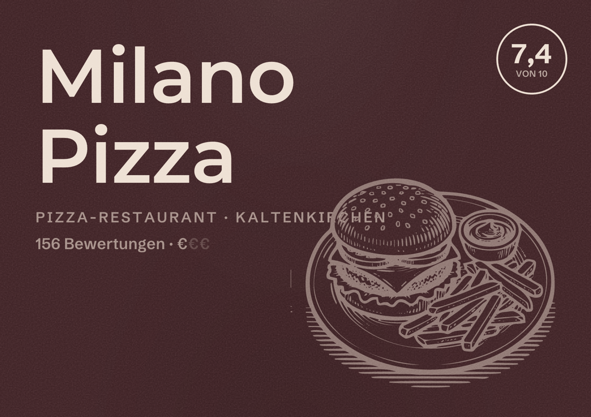 Illustriertes Poster von Milano Pizza, Pizza-Restaurant in Kaltenkirchen: Bewertung 7,4 von 10 aus 156 Bewertungen, Preisniveau €
