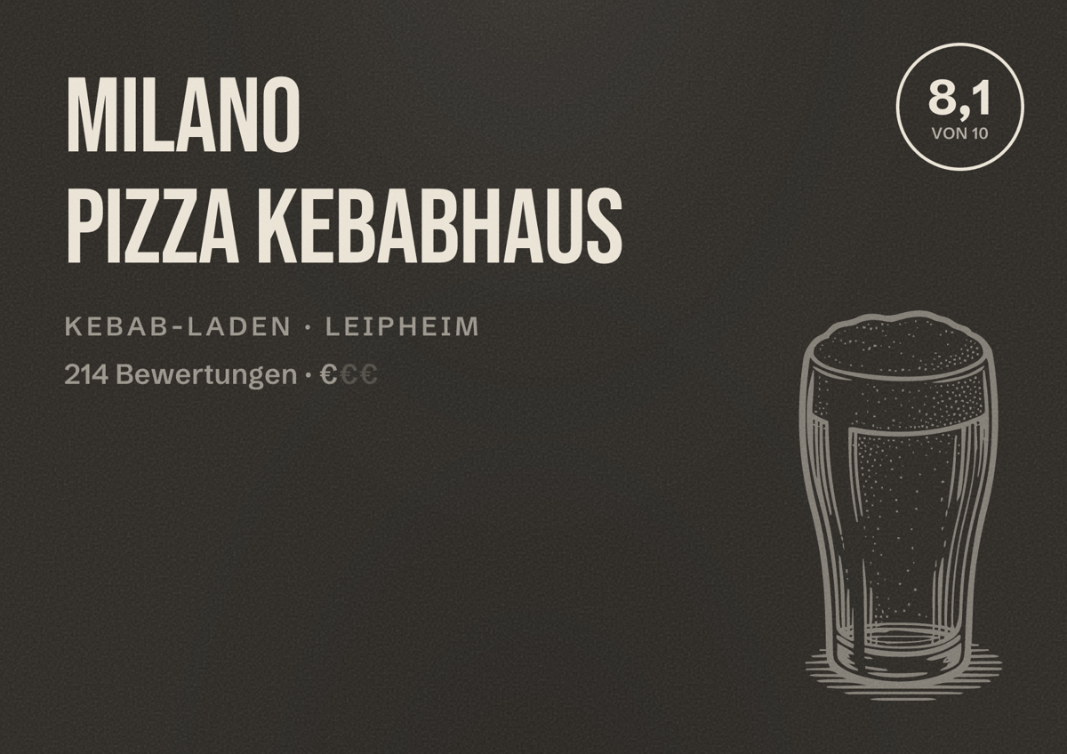 Illustriertes Poster von Milano Pizza Kebabhaus, Kebab-Laden in Leipheim: Bewertung 8,1 von 10 aus 214 Bewertungen, Preisniveau €