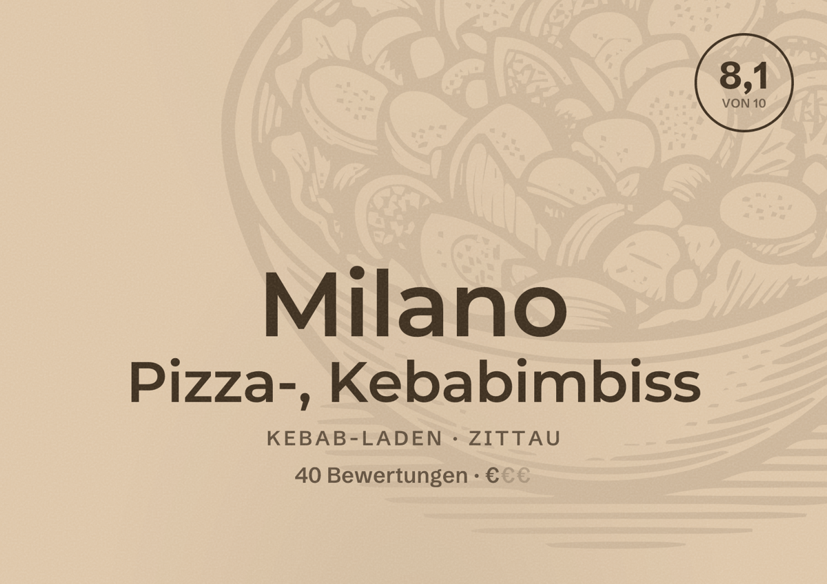 Illustriertes Poster von Milano Pizza-, Kebabimbiss, Kebab-Laden in Zittau: Bewertung 8,1 von 10 aus 40 Bewertungen, Preisniveau €