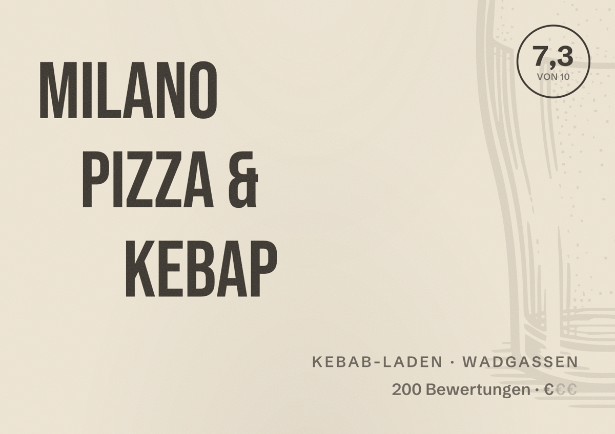 Illustriertes Poster von Milano Pizza & Kebap, Kebab-Laden in Wadgassen: Bewertung 7,3 von 10 aus 200 Bewertungen, Preisniveau €
