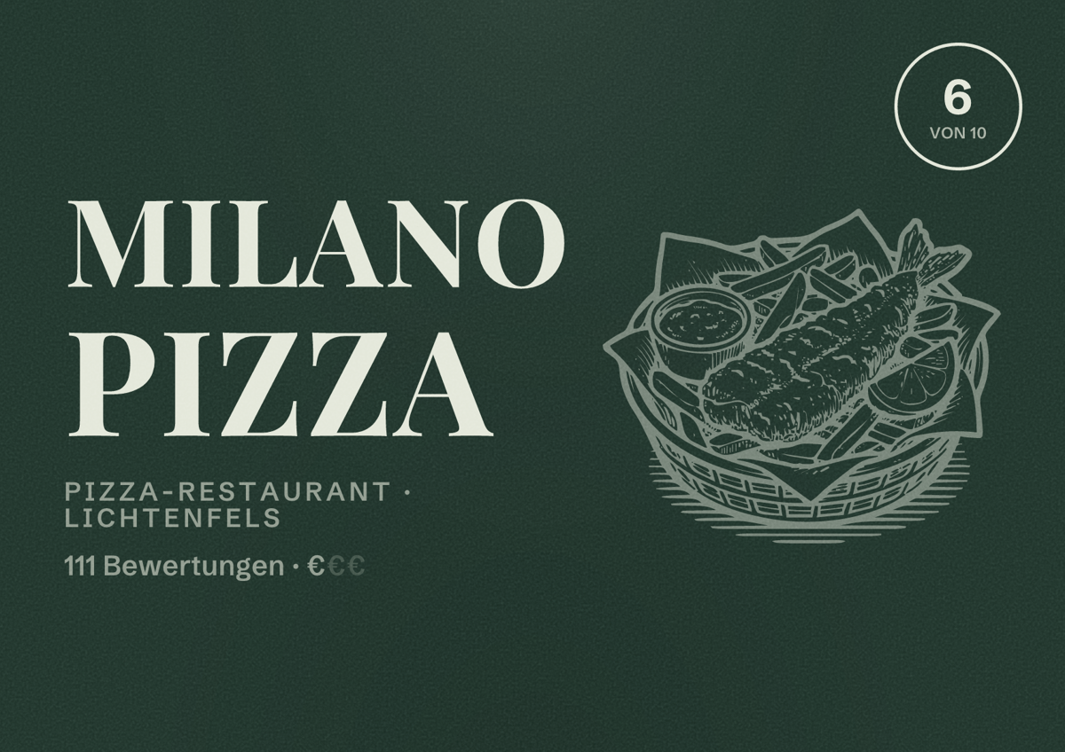 Illustriertes Poster von MILANO PIZZA, Pizza-Restaurant in Lichtenfels: Bewertung 6 von 10 aus 111 Bewertungen, Preisniveau €