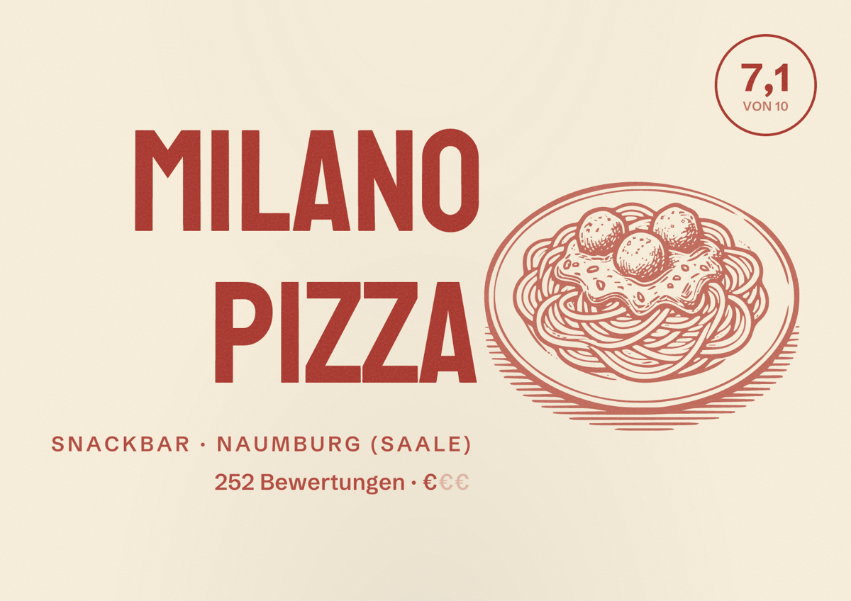 Illustriertes Poster von Milano pizza, Snackbar in Naumburg (Saale): Bewertung 7,1 von 10 aus 252 Bewertungen, Preisniveau €