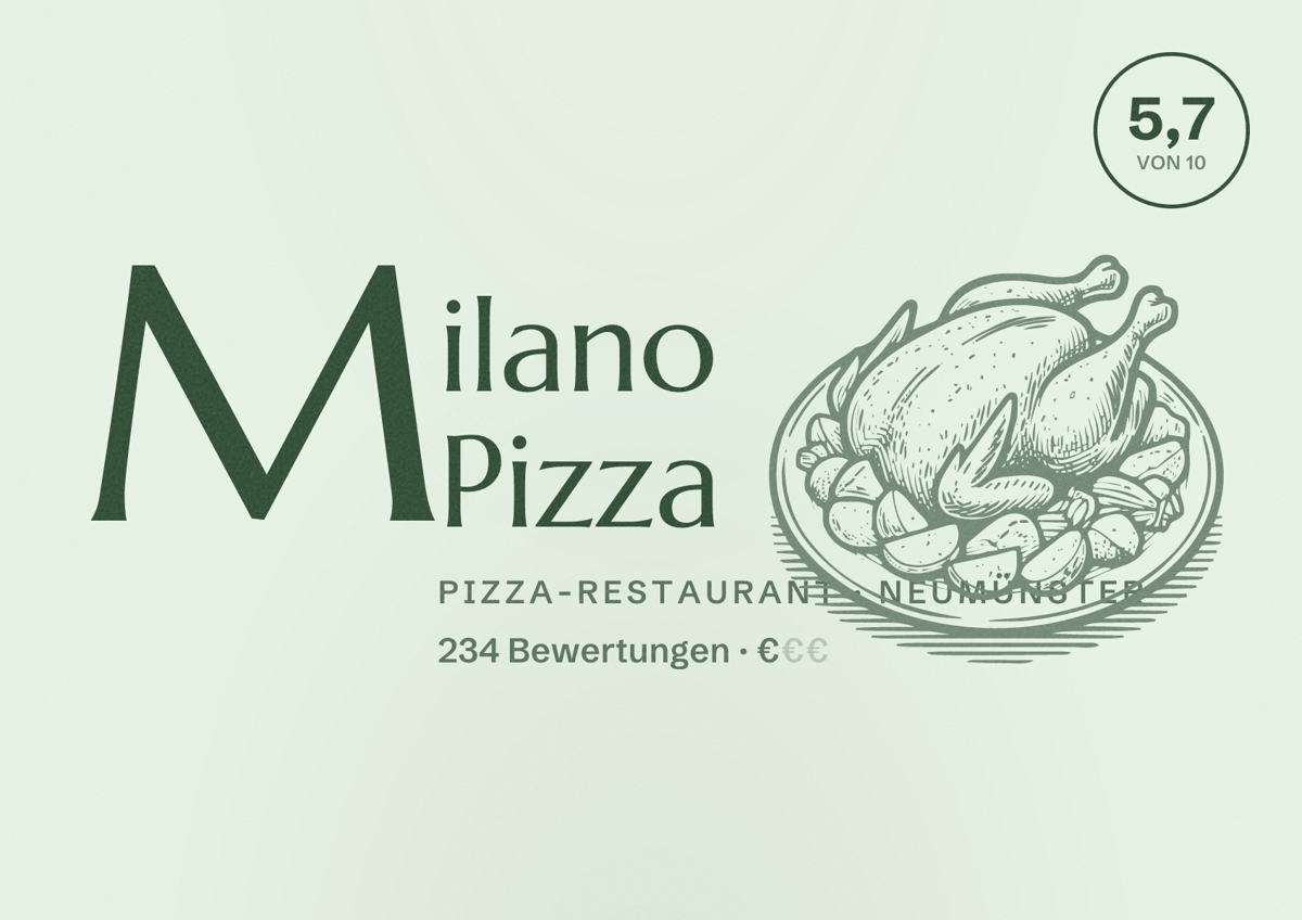 Illustriertes Poster von Milano Pizza, Pizza-Restaurant in Neumünster: Bewertung 5,7 von 10 aus 234 Bewertungen, Preisniveau €