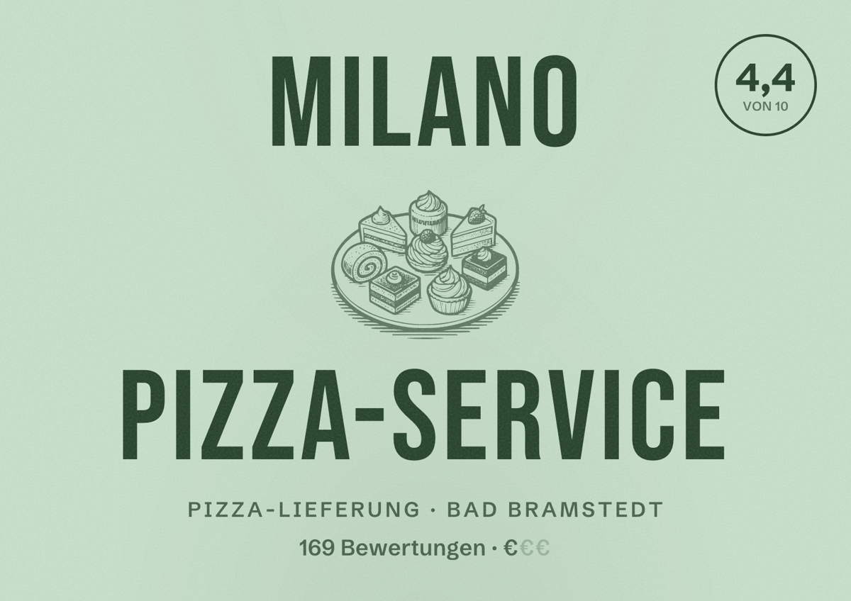 Illustriertes Poster von Milano Pizza-Service, Pizza-Lieferung in Bad Bramstedt: Bewertung 4,4 von 10 aus 169 Bewertungen, Preisniveau €