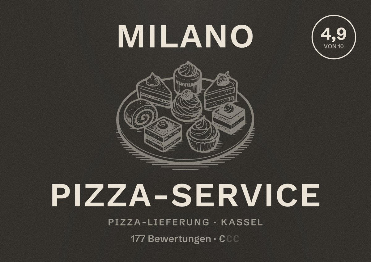 Illustriertes Poster von Milano Pizza-Service, Pizza-Lieferung in Kassel: Bewertung 4,9 von 10 aus 177 Bewertungen, Preisniveau €
