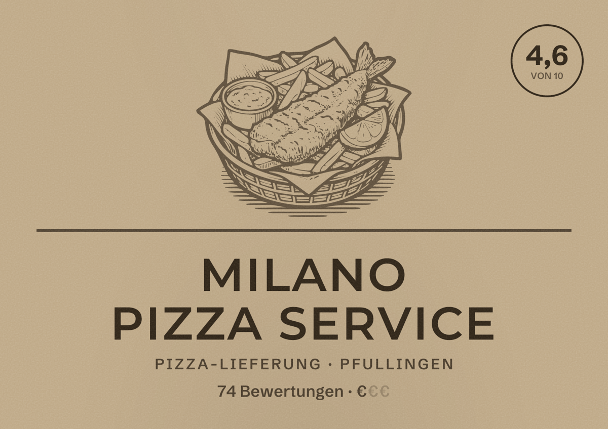 Illustriertes Poster von Milano Pizza Service, Pizza-Lieferung in Pfullingen: Bewertung 4,6 von 10 aus 74 Bewertungen, Preisniveau €