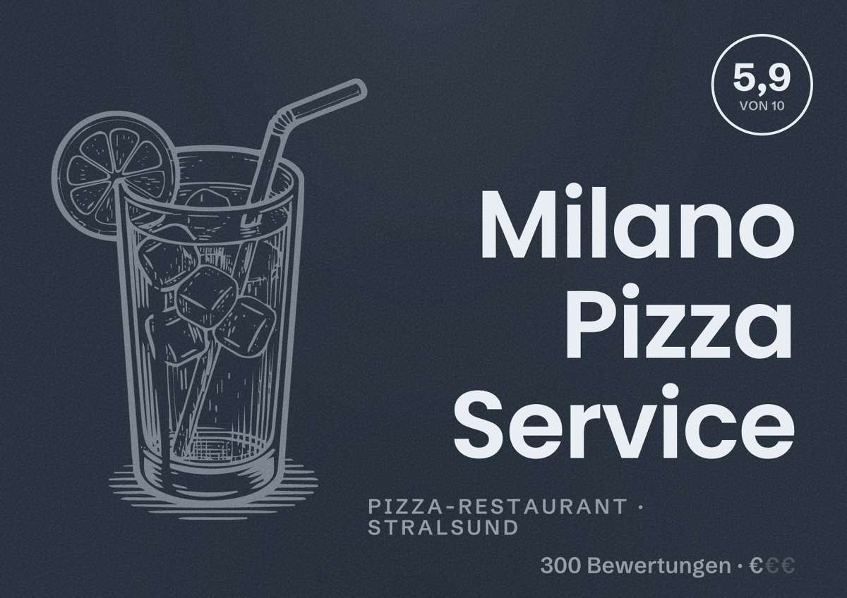 Illustriertes Poster von Milano Pizza Service, Pizza-Restaurant in Stralsund: Bewertung 5,9 von 10 aus 300 Bewertungen, Preisniveau €