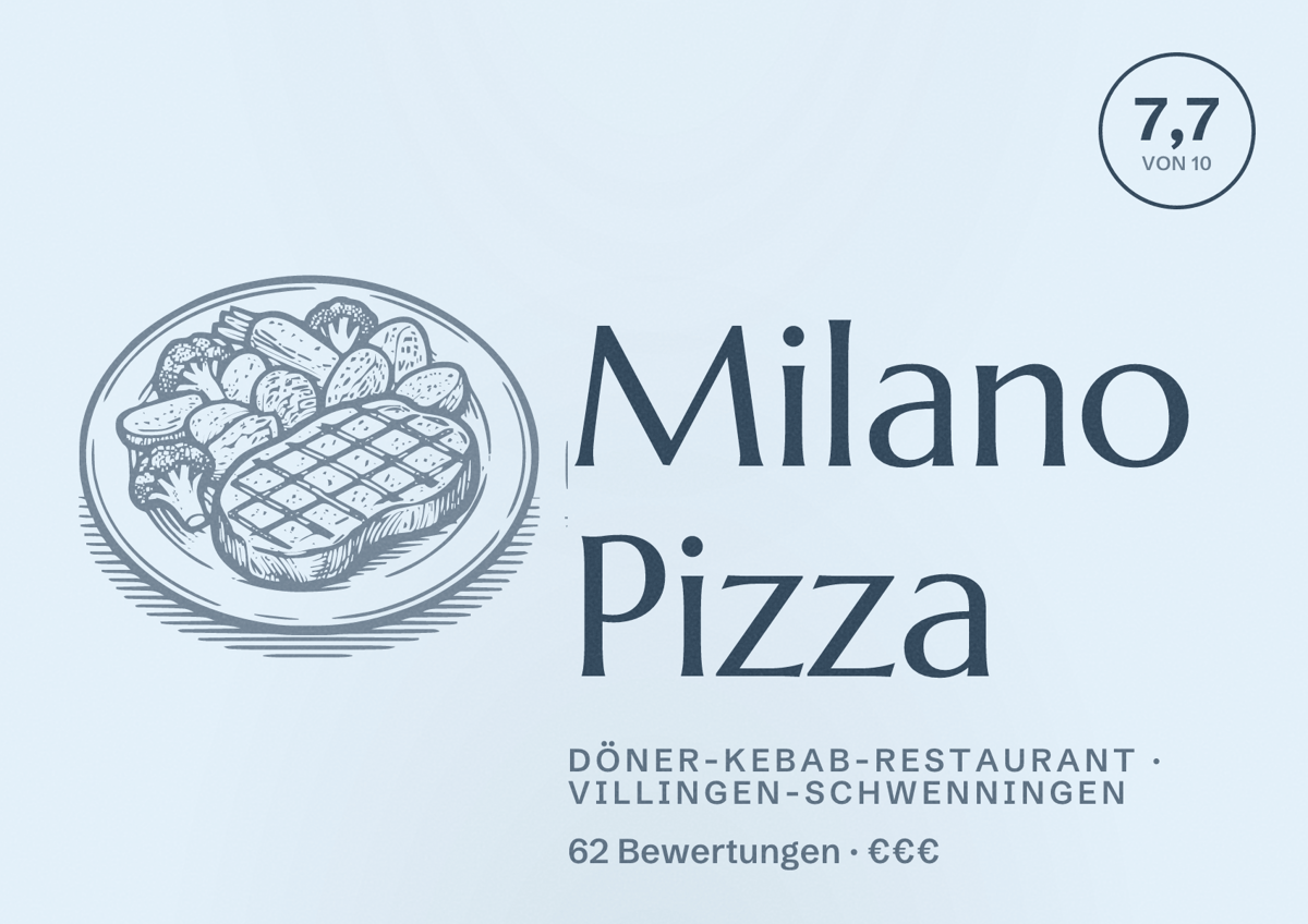Illustriertes Poster von Milano Pizza, Döner-Kebab-Restaurant in Villingen-Schwenningen: Bewertung 7,7 von 10 aus 62 Bewertungen, Preisniveau €€€