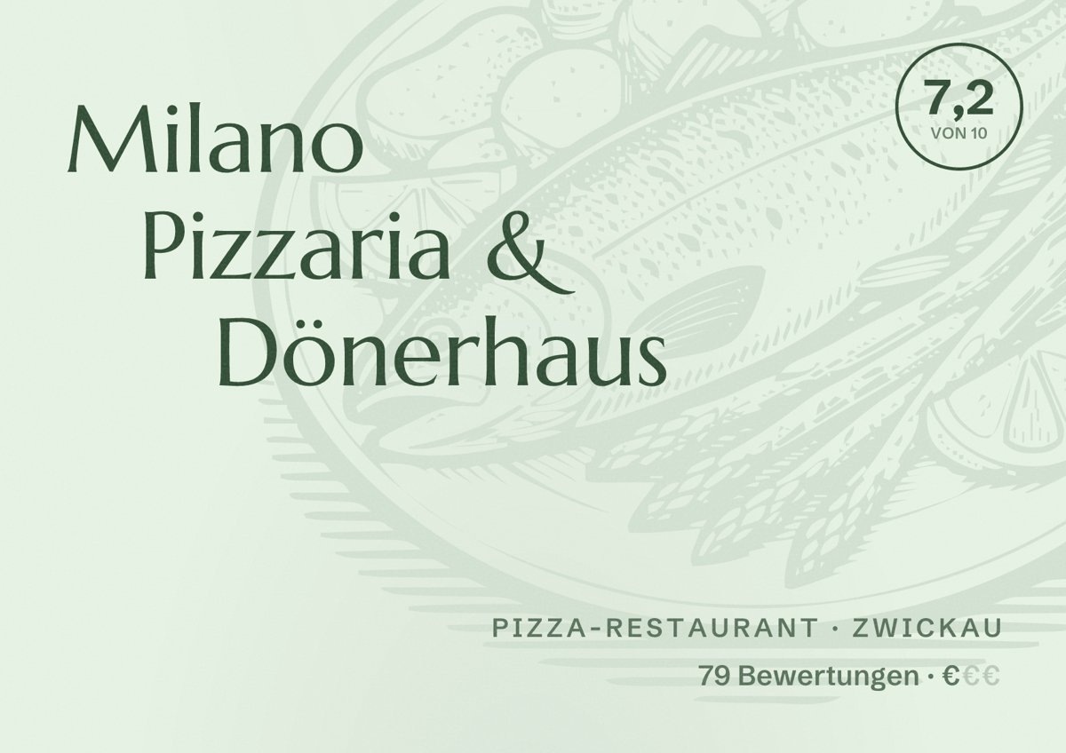 Illustriertes Poster von Milano Pizzaria & Dönerhaus, Pizza-Restaurant in Zwickau: Bewertung 7,2 von 10 aus 79 Bewertungen, Preisniveau €