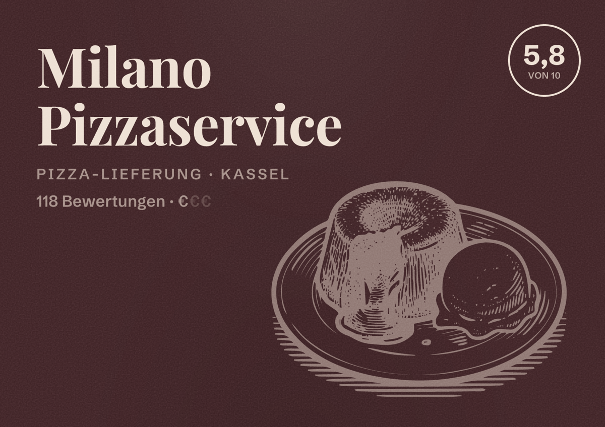 Illustriertes Poster von Milano Pizzaservice, Pizza-Lieferung in Kassel: Bewertung 5,8 von 10 aus 118 Bewertungen, Preisniveau €