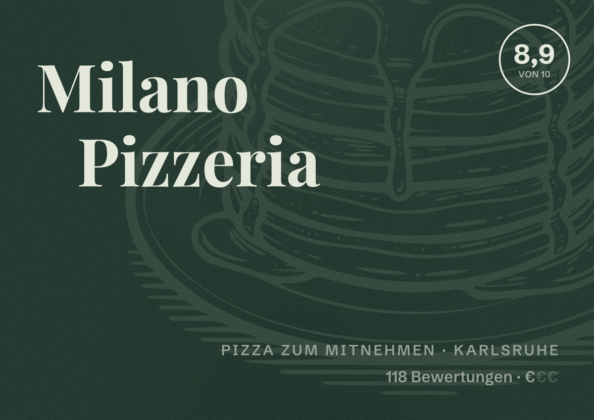 Illustriertes Poster von Milano Pizzeria, Pizza zum Mitnehmen in Karlsruhe: Bewertung 8,9 von 10 aus 118 Bewertungen, Preisniveau €