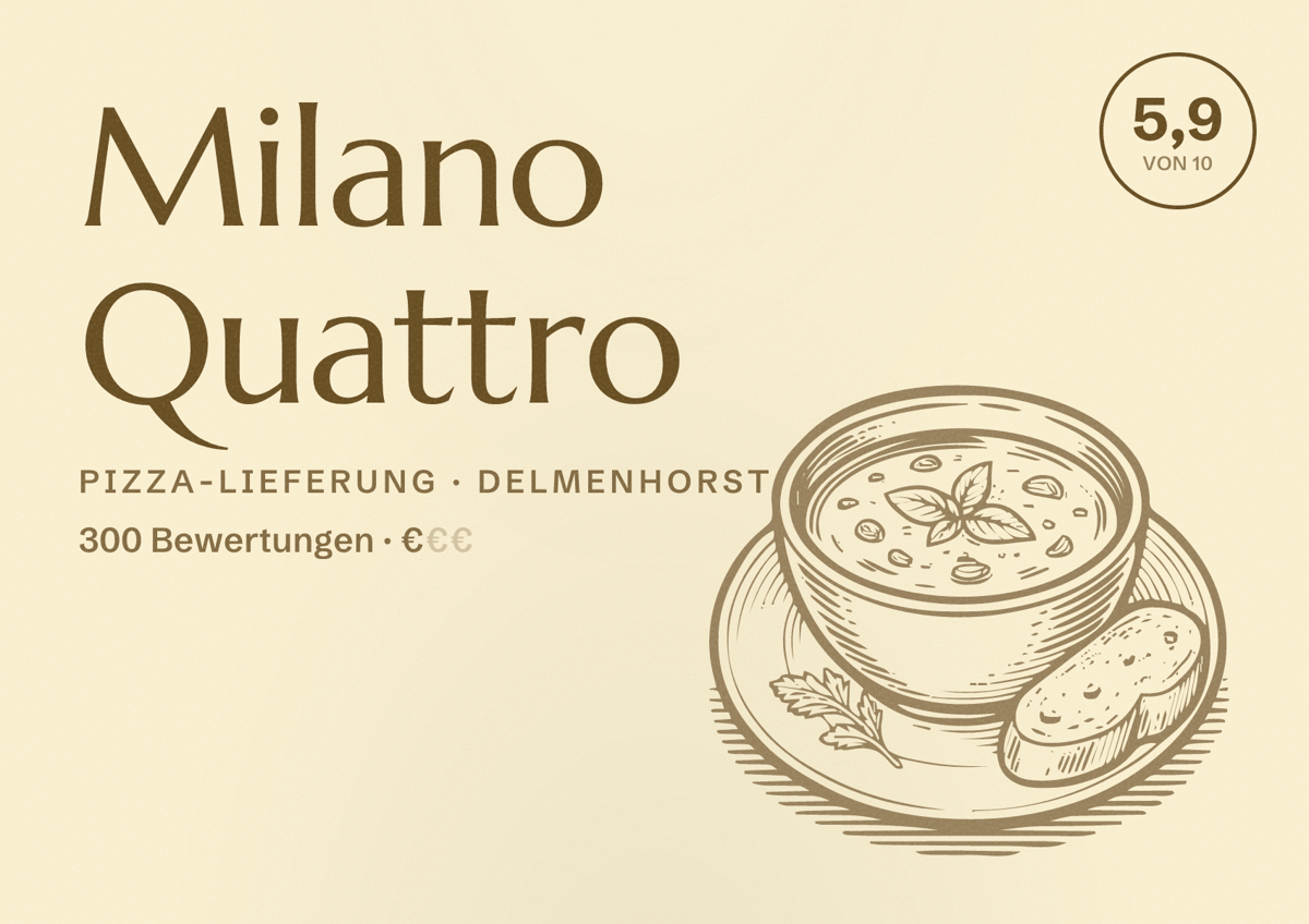 Illustriertes Poster von Milano Quattro, Pizza-Lieferung in Delmenhorst: Bewertung 5,9 von 10 aus 300 Bewertungen, Preisniveau €