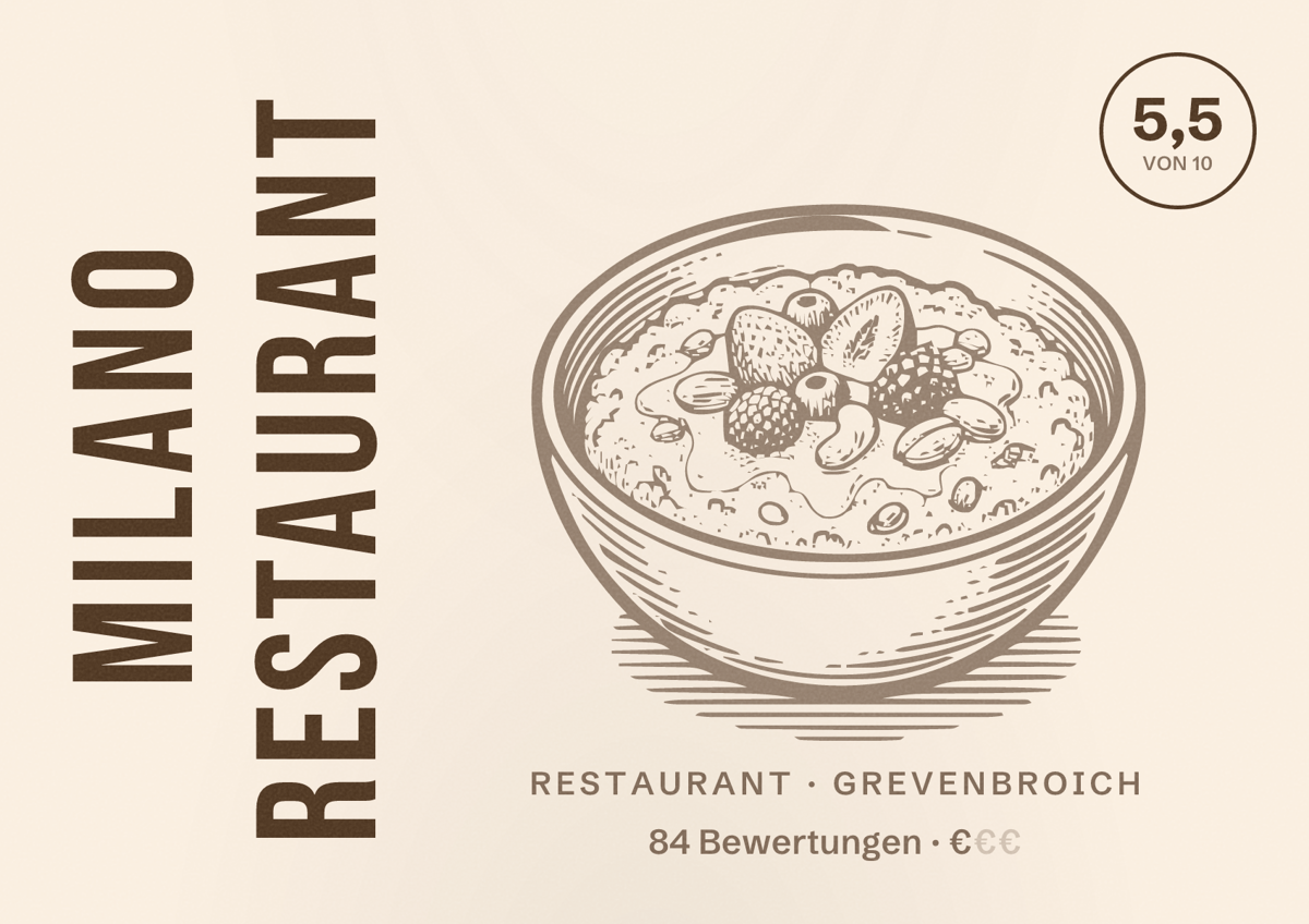 Illustriertes Poster von Milano Restaurant, Restaurant in Grevenbroich: Bewertung 5,5 von 10 aus 84 Bewertungen, Preisniveau €