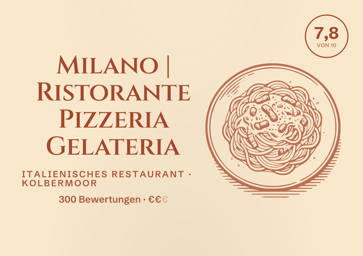 Illustriertes Poster von Milano | Ristorante Pizzeria Gelateria, Italienisches Restaurant in Kolbermoor: Bewertung 7,8 von 10 aus 300 Bewertungen, Preisniveau €€