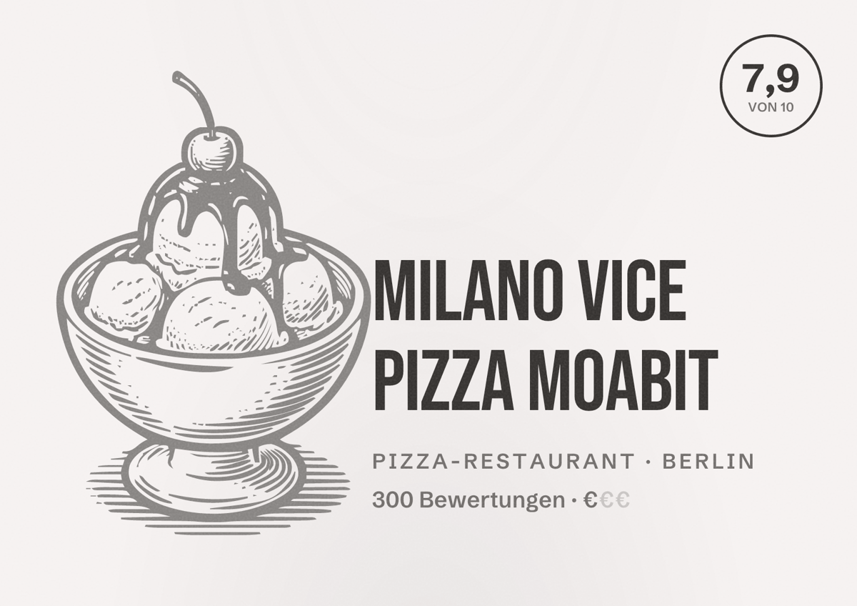 Illustriertes Poster von Milano Vice Pizza Moabit, Pizza-Restaurant in Berlin: Bewertung 7,9 von 10 aus 300 Bewertungen, Preisniveau €