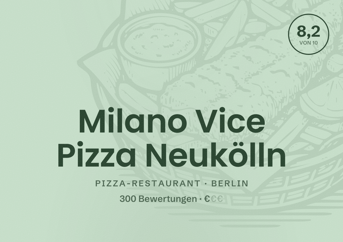 Illustriertes Poster von Milano Vice Pizza Neukölln, Pizza-Restaurant in Berlin: Bewertung 8,2 von 10 aus 300 Bewertungen, Preisniveau €