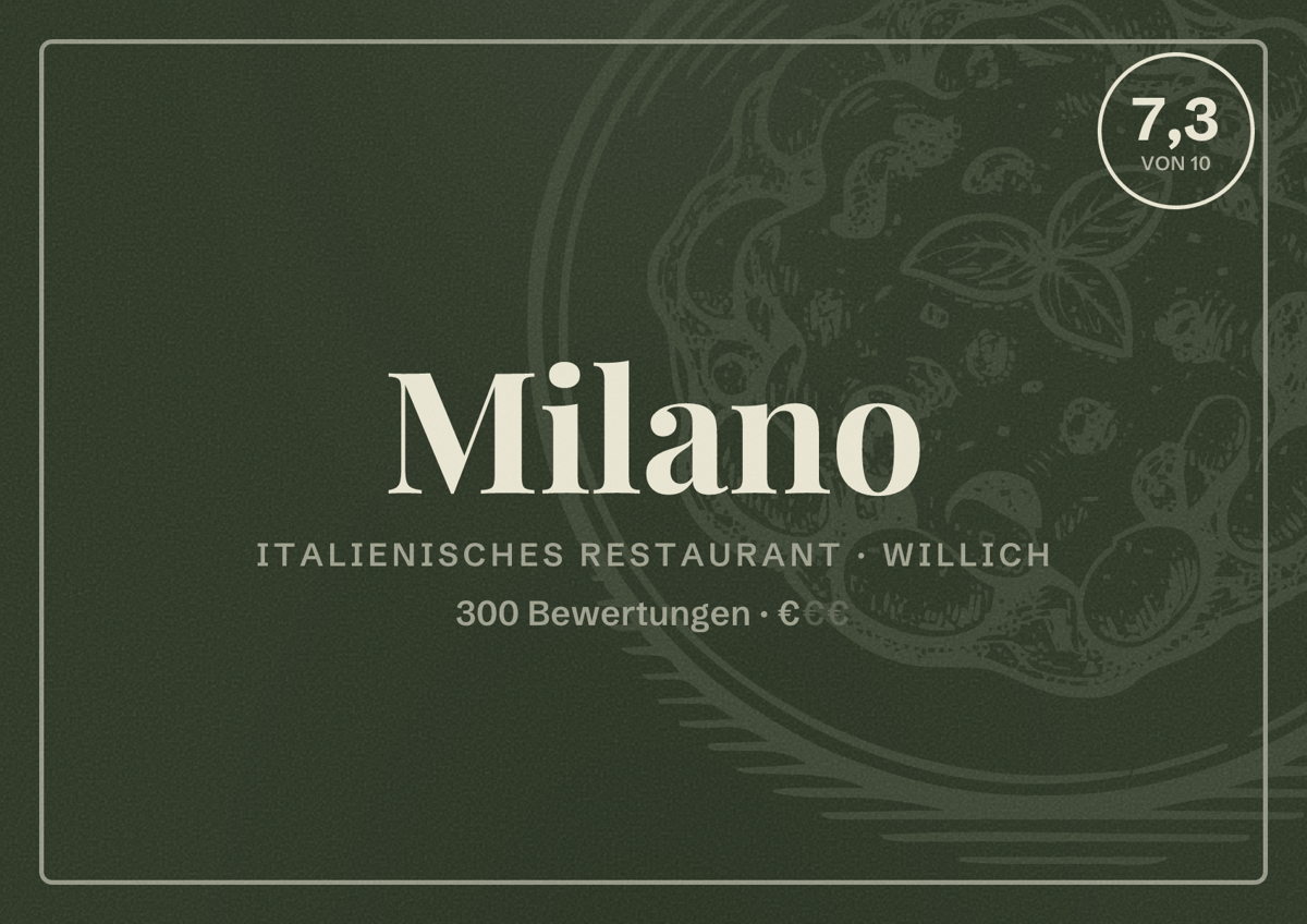 Illustriertes Poster von Milano, Italienisches Restaurant in Willich: Bewertung 7,3 von 10 aus 300 Bewertungen, Preisniveau €