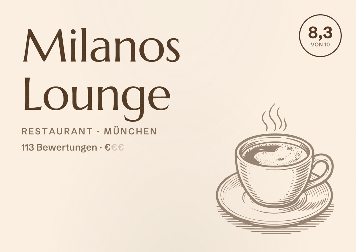 Illustriertes Poster von Milanos Lounge, Restaurant in München: Bewertung 8,3 von 10 aus 113 Bewertungen, Preisniveau €