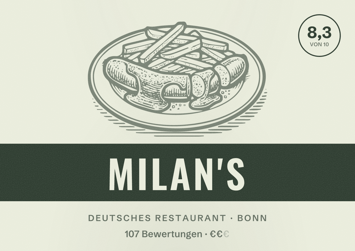 Illustriertes Poster von Milan's, Deutsches Restaurant in Bonn: Bewertung 8,3 von 10 aus 107 Bewertungen, Preisniveau €€