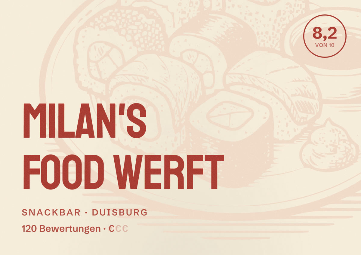 Illustriertes Poster von Milan's Food Werft, Snackbar in Duisburg: Bewertung 8,2 von 10 aus 120 Bewertungen, Preisniveau €