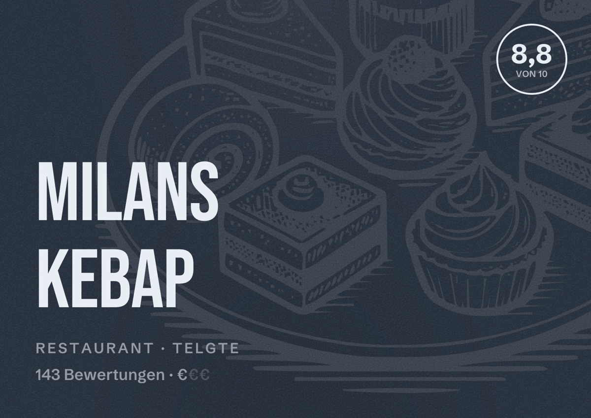 Illustriertes Poster von Milans Kebap, Restaurant in Telgte: Bewertung 8,8 von 10 aus 143 Bewertungen, Preisniveau €