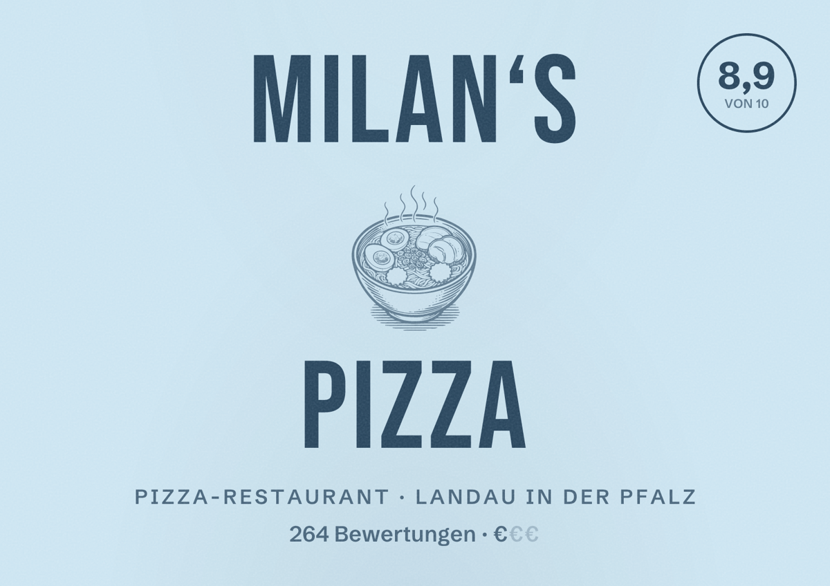 Illustriertes Poster von Milan‘s Pizza, Pizza-Restaurant in Landau in der Pfalz: Bewertung 8,9 von 10 aus 264 Bewertungen, Preisniveau €