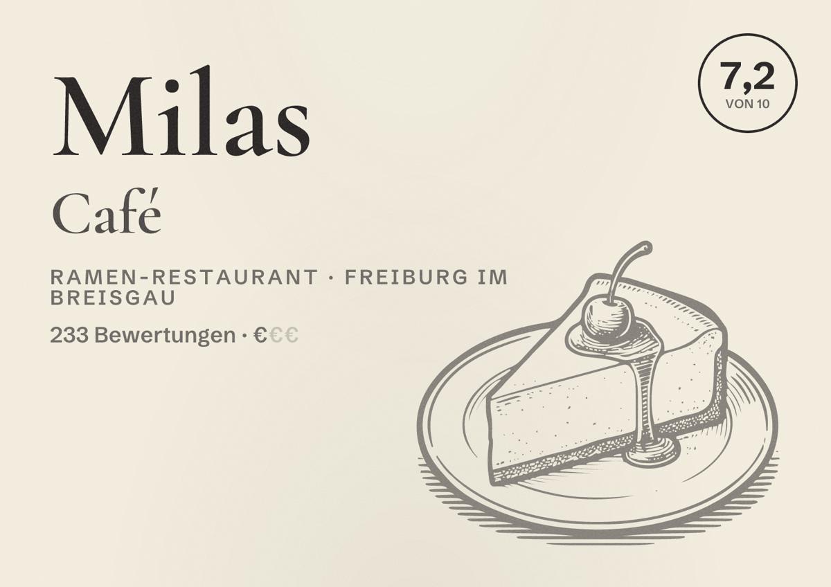Illustriertes Poster von Milas Café, Ramen-Restaurant in Freiburg im Breisgau: Bewertung 7,2 von 10 aus 233 Bewertungen, Preisniveau €
