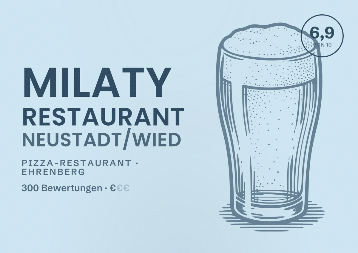 Illustriertes Poster von Milaty Restaurant Neustadt/Wied, Pizza-Restaurant in Ehrenberg: Bewertung 6,9 von 10 aus 300 Bewertungen, Preisniveau €