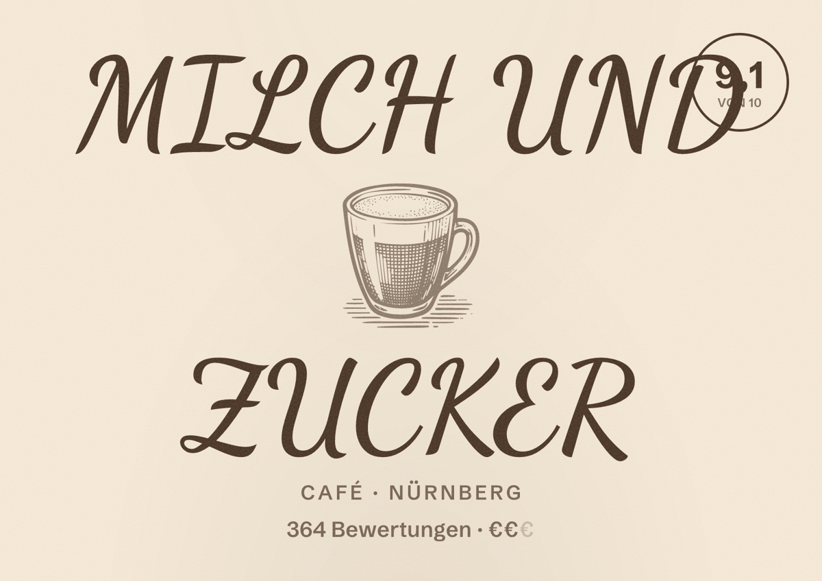 Illustriertes Poster von MILCH UND ZUCKER, Café in Nürnberg: Bewertung 9,1 von 10 aus 364 Bewertungen, Preisniveau €€